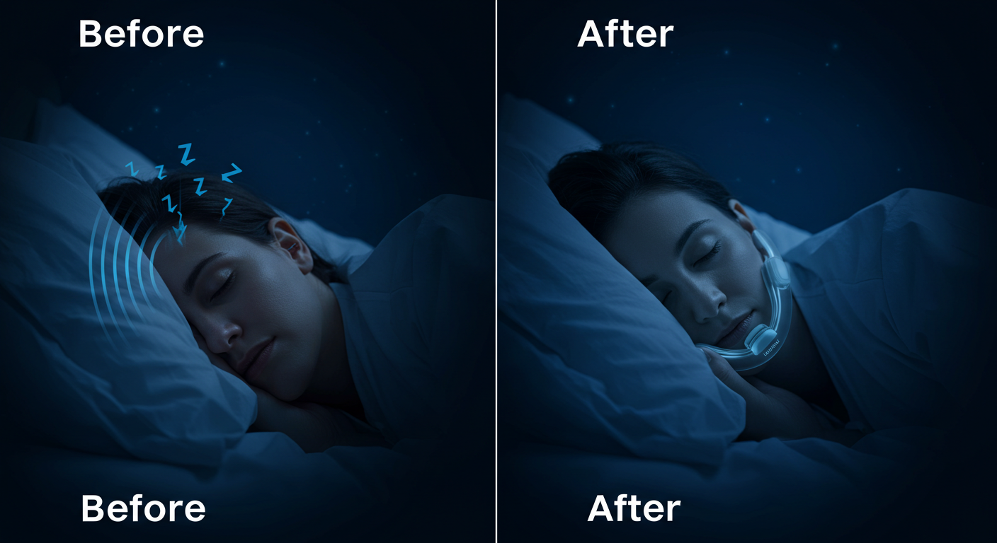 befor and after image of a brunette women sleeping with and without a anti snoring devices